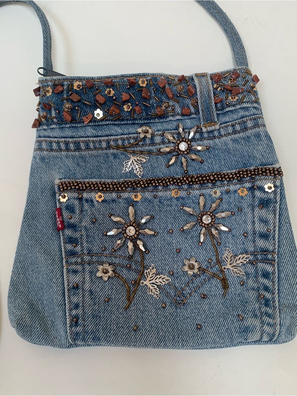 Handcrafted Levi’s Beaded Embellished Denim Light Blue Crossbody Bag Purse Jewel